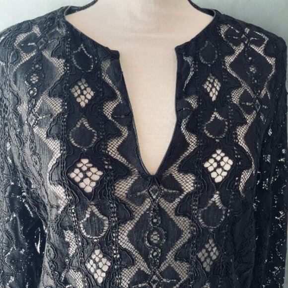 Black Lace Long Sleeve Top - Sheer Boho Elegant Blouse M - Picture 2 of 4